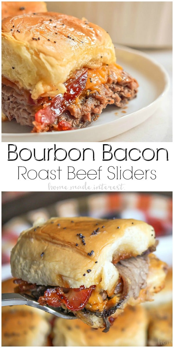 Bourbon Bacon Roast Beef Sliders | These Bourbon Bacon Roast Beef Sliders are an easy slider recipe that makes a great game day recipe! Make these bourbon bacon roast beef sliders for your next football party or summer party appetizer! Make this quick and easy weeknight dinner recipe for your family and impress your guests with this easy appetizer recipe. 