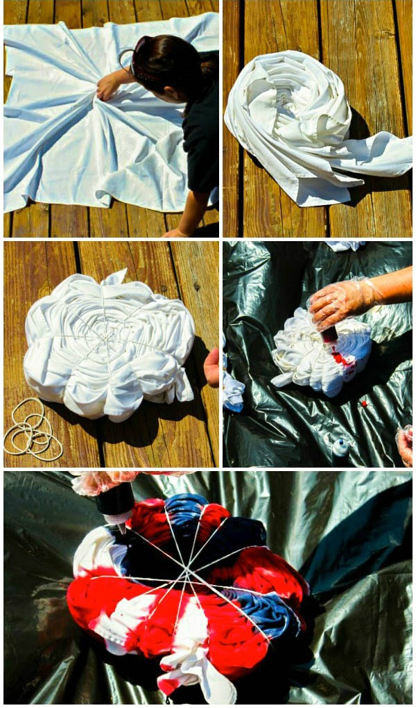 Steps for tie-dying a patriotic red, white, and blue picnic blanket.