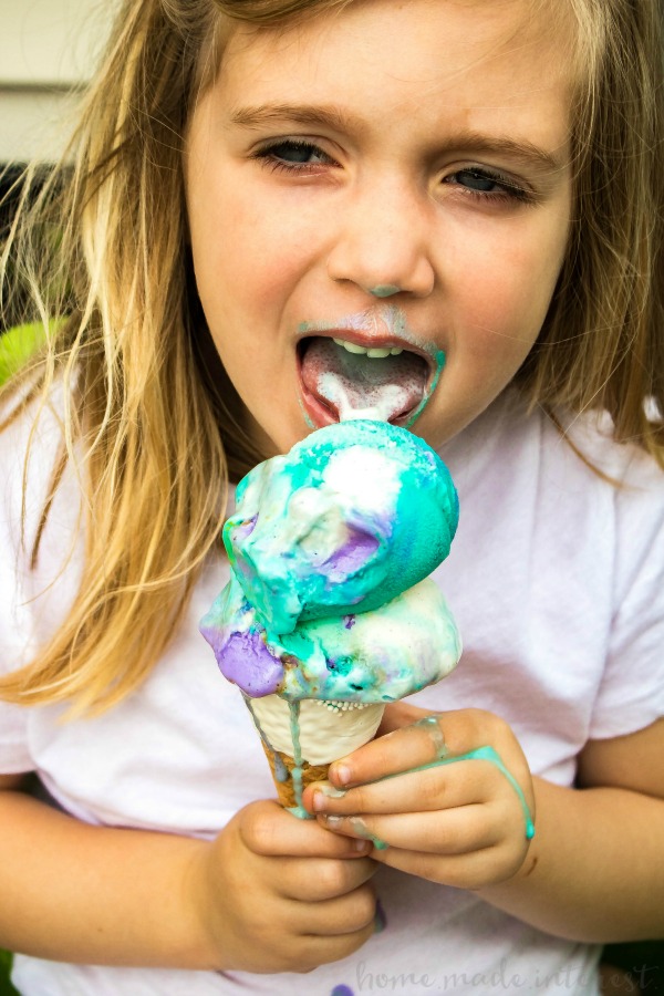 No Churn Mermaid Ice Cream | This easy homemade ice cream recipe is a no churn ice cream that looks just like a mermaid! This no churn mermaid ice cream is perfect for summer pool parties, or mermaid parties. Sprinkle homemade no churn ice cream with sprinkles and swirls of color and you have an easy no churn ice cream that every kid will want. 