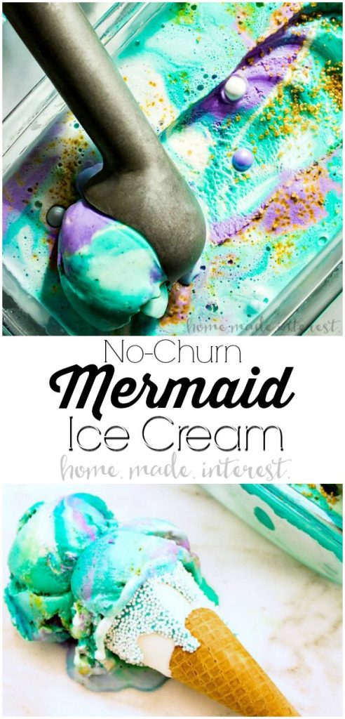 No Churn Mermaid Ice Cream | This easy homemade ice cream recipe is a no churn ice cream that looks just like a mermaid! This no churn mermaid ice cream is perfect for summer pool parties, or mermaid parties. Sprinkle homemade no churn ice cream with sprinkles and swirls of color and you have an easy no churn ice cream that every kid will want.