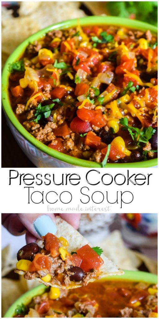 Pressure Cooker Taco Soup | This quick and easy pressure cooker taco soup can be made in your pressure cooker or Instant Pot. Throw in your ingredients close the lid and in 15 minutes you have pressure cooker soup that tastes amazing! Make this easy dinner recipe your next pressure cooker recipe or instant pot recipe. This pressure cooker soup recipe is everything you love about tacos in a delicious broth!