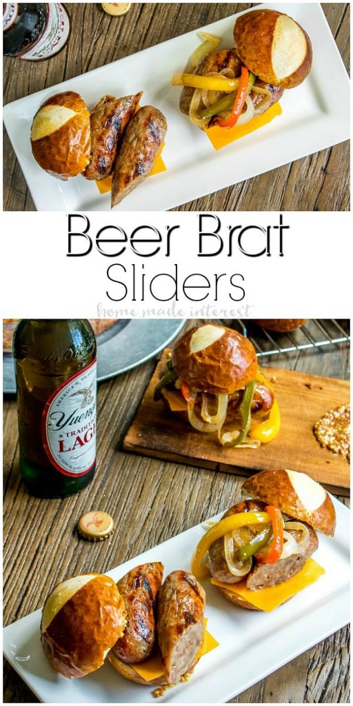 Beer Brat Sliders | If you’re looking for the best grill recipe I’ve got your covered. These Beef Brat Sliders are the best summer party food and they are an amazing way to use grilled bratwurst all summer long. These brats are infused with beer and served on a pretzel bun with beer braised onions and cheddar cheese. This is an easy slider recipe that is perfect for game day parties and makes great football party food.