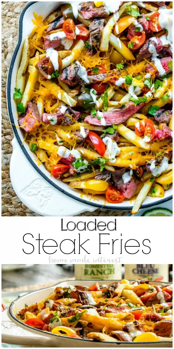 Loaded Steak Fries | These Loaded Steak Fries are the perfect party appetizer recipe especially if you’re looking for easy game day recipes or football party food. A big skillet loaded with french fries and grilled steak and covered in cheese and ranch dressing. This is an easy appetizer recipe that anyone can make and a steak recipe that everyone will love!