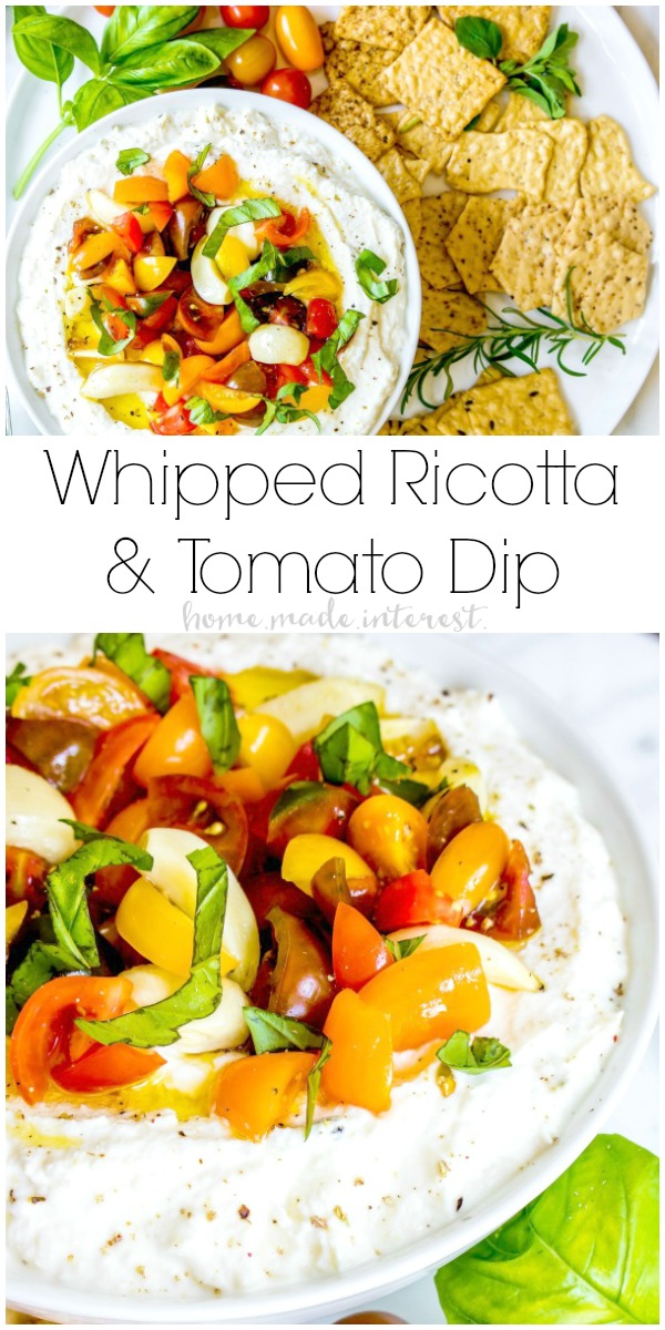 Whipped Goat Cheese and Tomato Dip | This is an easy appetizer recipe that is perfect for summer parties. Whipped Ricotta Tomato Dip combines ricotta cheese and goat cheese with fresh herbs and summer vegetables to make a light, bright summer appetizer recipe that everyone can enjoy. This light cheese dip is a cold appetizer recipe that is perfect for taking to a party. 
