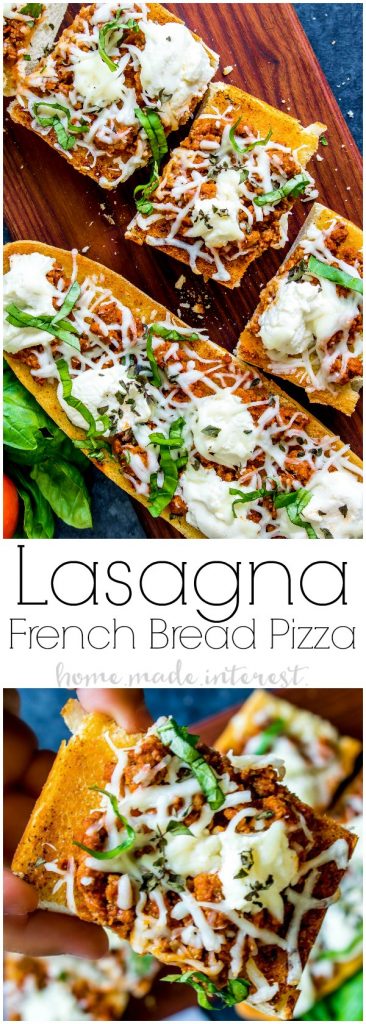 Lasagna French Bread Pizza | This french bread pizza recipe is so easy to make and has all of the flavors of a lasagna dinner. Lasagna French Bread Pizza is a great game day recipe that is perfect football party food or an easy weeknight dinner that kids and adults will love.