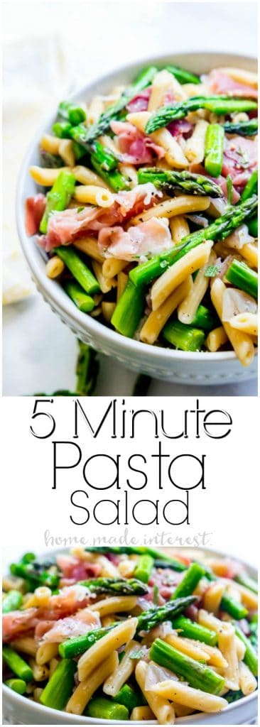 Easy Italian Pasta Salad | This light and fresh pasta salad recipe is made with salty prosciutto and steam asparagus tossed in a homemade vinaigrette. This healthy pasta salad is made in 5 minutes for a quick and easy lunch recipe or a quick and easy dinner recipe.