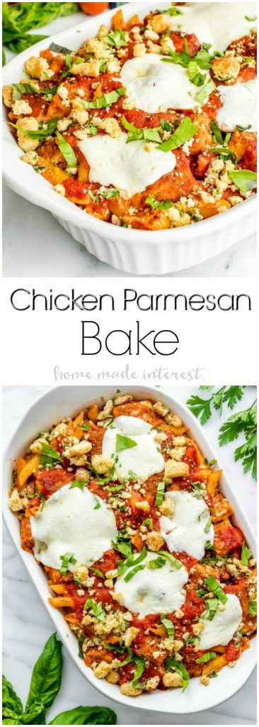 Chicken Parmesan Bake | This Chicken Parmesan Bake is a classic comfort food recipe that has been turned into an easy weeknight dinner recipe that is great back to school dinner families. Chicken, pasta, sauce and lots of cheese make this easy casserole recipe taste just like chicken parmesan in every bite!