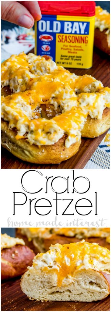 Crab Pretzel | A warm soft pretzel and an amazing crab dip recipe make this Crab Pretzel the ultimate party appetizer. This crab pretzel is covered in creamy crab dip and topped with melted cheese. It makes a great football party appetizer or football party food. Make this easy crab dip for your family and watch it disappear!