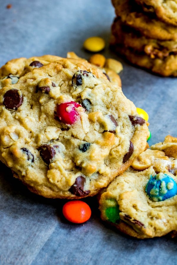 Peanut butter trail mix cookies with M&Ms
