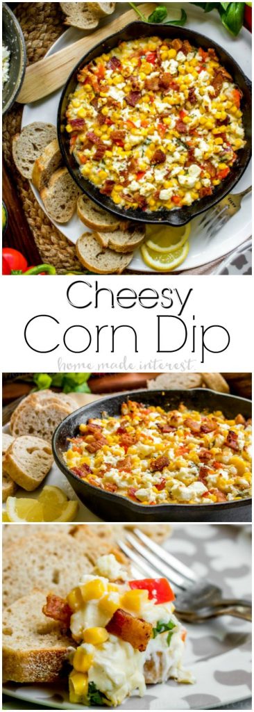 Cheesy Corn Dip | This Cheesy Corn Dip recipe is stuffed full of bacon, three types of cheeses, and of course corn. It is a hot corn dip recipe that makes great party food! Make this easy appetizer for all of your game day parties. Enjoy the football game with hot corn dip and your favorite crackers!