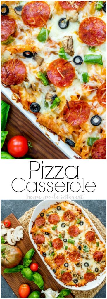 This pizza casserole recipe is going to make your next pizza night extra fun. It's an easy pizza bake filled pasta, with ooey gooey mozzarella cheese, tomato sauce, and all of your favorite pizza toppings; pepperoni, bell peppers, Italian sausage, anything you like! If you are looking for a casserole recipe for dinner this Pizza casserole recipe is going to be a huge hit! #pizza #casserole #makeahead #pasta #homemadeinterest
