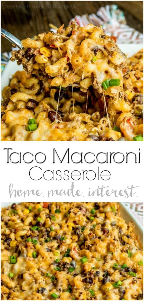 Taco Macaroni Casserole | This taco macaroni casserole is an easy taco bake recipe that makes a great weeknight dinner. Full of all of your favorite tex-mex flavors this is a taco casserole recipe that puts a fun spin on taco night! Turn your typical macaroni and cheese recipe into a spicy southwest comfort food with this easy taco macaroni casserole. #casserole #taco #macaroniandcheese #groundbeef #cheese #homemadeinterest