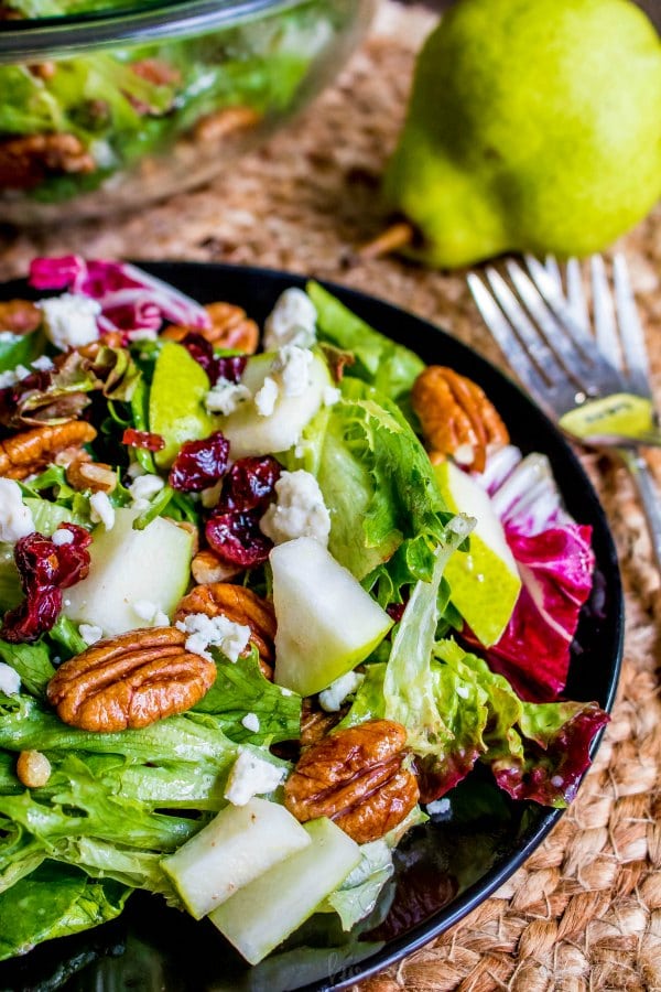pear and walnut salad topped with blue cheese