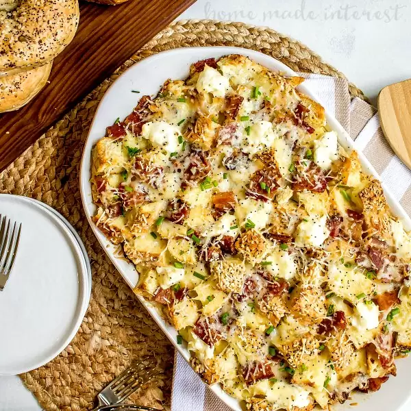 everything bagel casserole made with bacon and cheese