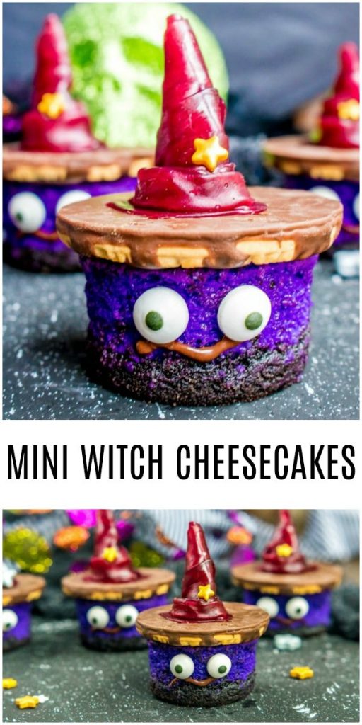 These adorable Mini Witch Cheesecakes take a simple cheesecake recipe and turn it into a fun Halloween dessert recipe that is perfect for Halloween parties! Make this halloween dessert for a kids at your Halloween party this year. AD #halloween #dessert #halloweenparty #cheesecake #homemadeinterest