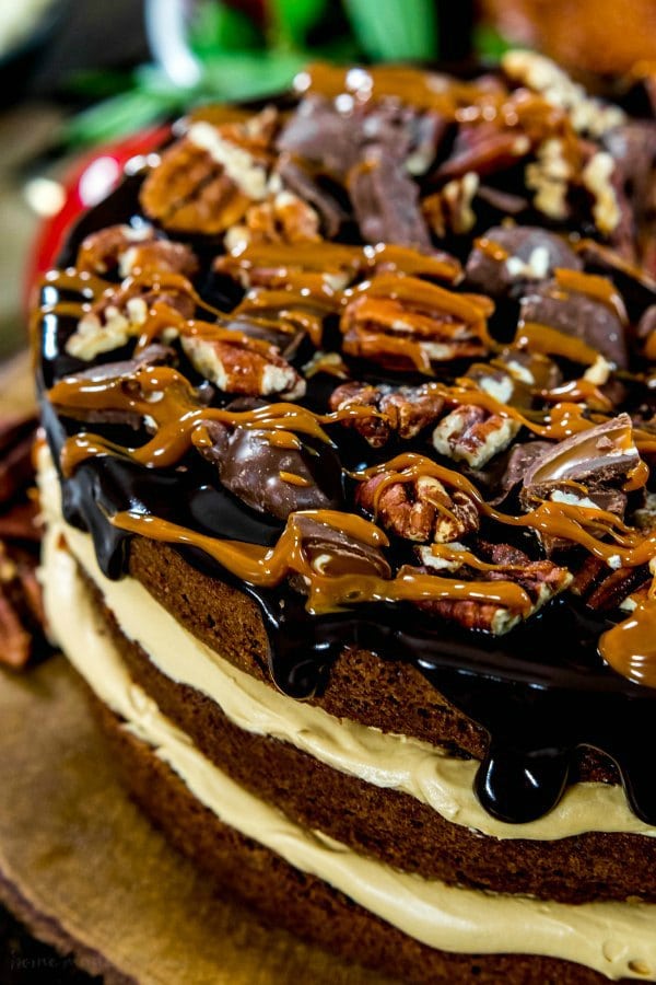Pecans, turtle candy, fudge and caramel on top of brownie cake