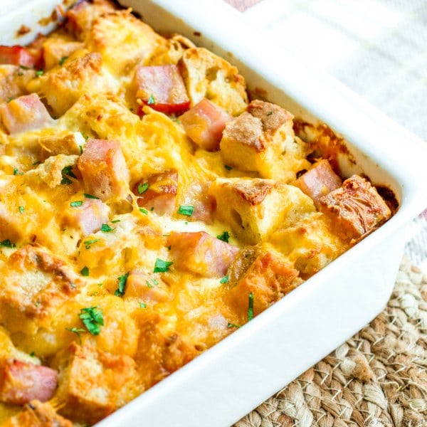 ham and cheese make ahead breakfast casserole in baked and in a casserole dish