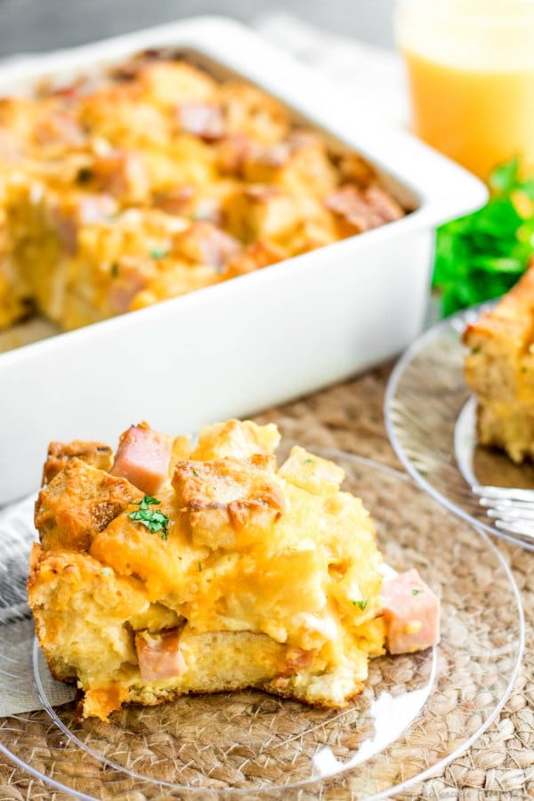 a piece of ham & cheese make ahead breakfast casserole on a plate