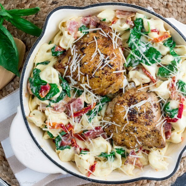 skillet with one pot creamy chicken and tortellini