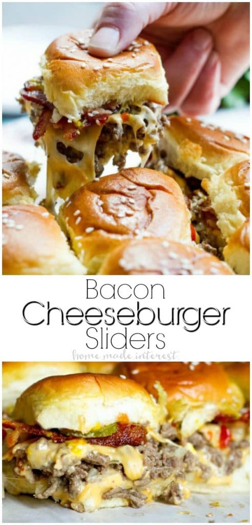 This easy Bacon Cheeseburger Sliders recipe is an appetizer recipe that is baked in the oven. These simple sliders are filled with ground beef, cheese, bacon, and your favorite burger toppings all on toasted Hawaiian rolls. This is a great recipes for parties, especially during football season! Make these sliders for your Super Bowl party and watch them disappear! #appetizerrecipe #appetizer #cheeseburger #groundbeef #bacon #cheese #baked #homemadeinterest