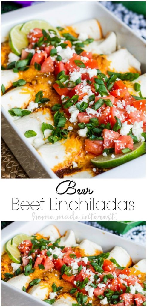 Beer Braised Beef Enchiladas | This easy beef enchiladas recipe uses beer braised beef barbacoa to fill flour tortillas. These beef enchiladas are full of flavor and so easy to make. Make them as an easy weeknight dinner recipe or if you need a football party food idea make these beef enchiladas for your next game day party!