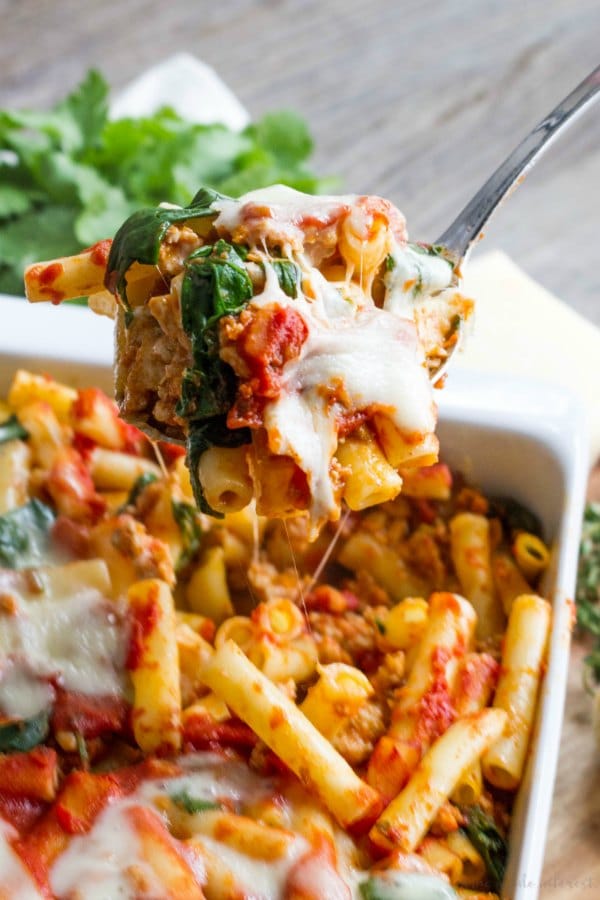 scoop of spinach baked ziti