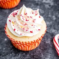 white chocolate butter cream frosting on a peppermint cupcake