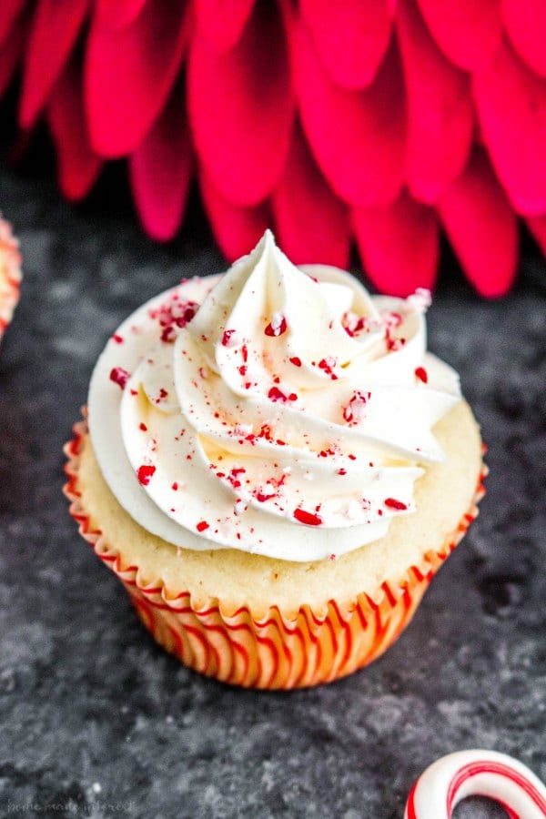 white chocolate frosting with crushed peppermint cupcake