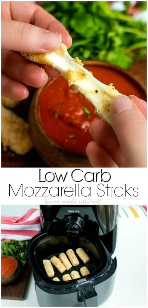 Low Carb Mozzarella Sticks | This easy low carb appetizer is perfect for parties! Low Carb Mozzarella Sticks are made with string cheese coated in a crispy, flavorful coating of Parmesan and almond flour and fried to ooey, gooey, cheesy perfection in less than 30 minutes! Make this low carb mozzarella stick recipe for your next game day party! AD #football #gameday #appetizer #lowcarb #keto