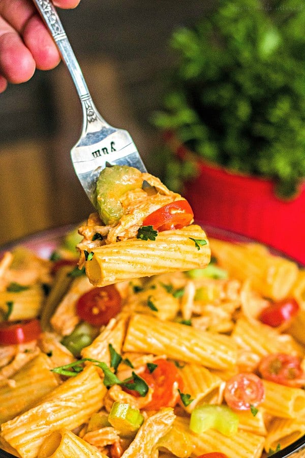 fork with buffalo chicken pasta salad