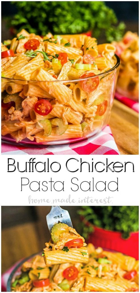 This easy Buffalo Chicken Pasta Salad is tender pasta tossed in a tangy buffalo wing sauce with shredded chicken, tomatoes, celery. Add a drizzle of ranch or blue cheese dressing and you're ready for a party! It's one of my favorite potluck or game day recipes and since it's a cold pasta salad you can make it ahead of time! #buffalochicken #hotsauce #pastasalad #pasta #potluckrecipes #homemadeinterest