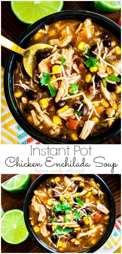 Pressure Cooker Chicken Enchilada Soup is a hearty Instant Pot soup recipe that has all the flavors of chicken enchiladas cooked into a spicy enchilada broth with chicken, corn, and black beans.