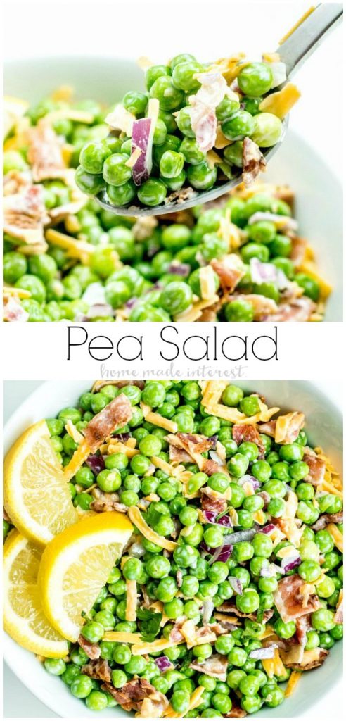 Creamy Bacon Pea Salad is an easy spring or summer salad recipe filled with fresh English peas tossed with bacon, crunchy red onions, and shredded cheddar cheese tossed in a creamy dressing and served cold. An old fashioned southern recipe that makes a great addition to your Easter brunch or Easter dinner menu. #easter #easterbrunch #easterdinner #salad #peas #summersalad #bacon #homemadeinterest