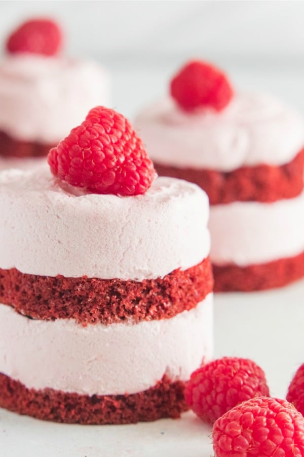 Close up of a three layer mini raspberry mousse red velvet cake