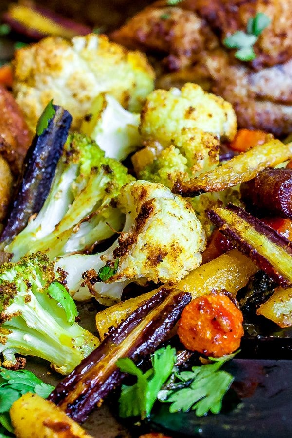 curried vegetables on a baking sheet