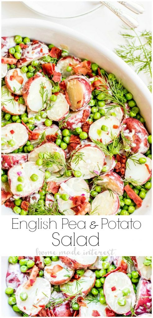 English Pea and Potato Salad is a light, fresh spring potato salad recipe with bright English peas, bacon, dill, and a creamy vinaigrette that is perfect side dish for Easter. This potato salad is filled with the fresh flavors of new potatoes, peas, and dill combined with Dijon mustard vinaigrette and smoky bacon. It also makes a great potluck recipe for summer parties. #easter #sidedish #potatosalad #potluck #homemadeinterest