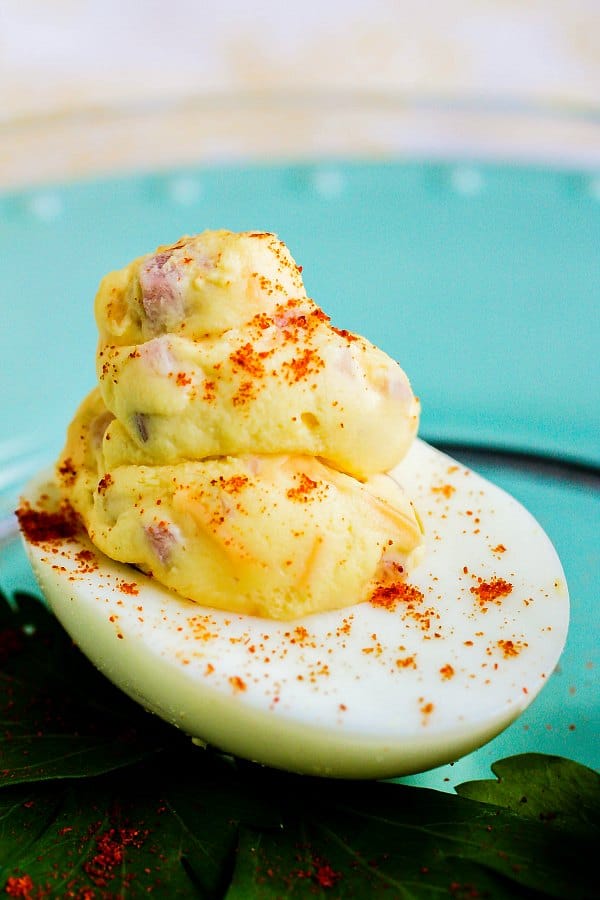 Easter Mississippi Sin deviled eggs fill with ham and cheese