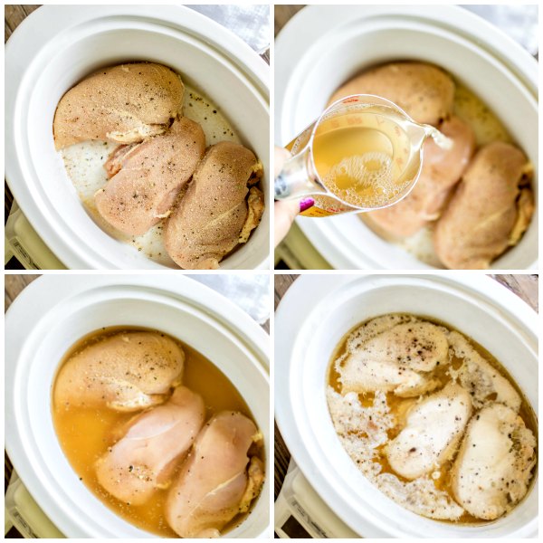 Step-by-step pictures showing how to make slow cooker shredded chicken