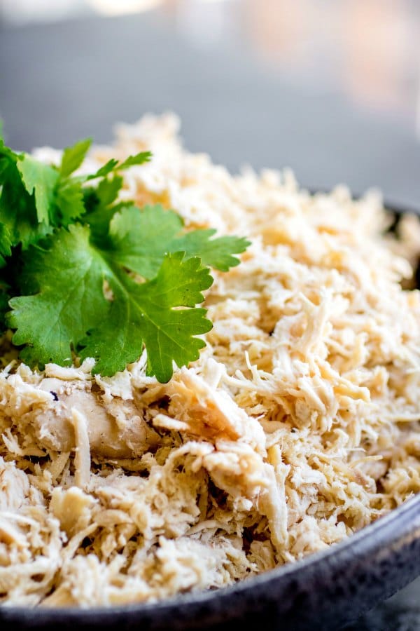 shredded chicken in a bowl topped with parsley