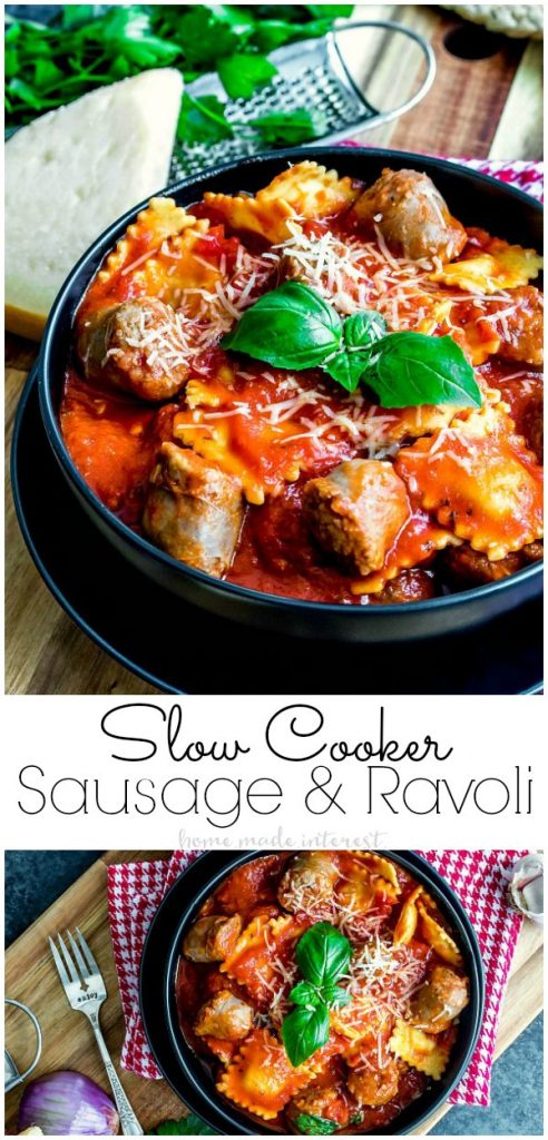 Cheesy ravioli, slices of flavorful Italian sausage and delicious tomato sauce make this Slow Cooker Sausage and Ravioli the perfect meal for a busy weeknight. It's easy to make. Simply toss all of the ingredients in the slow cooker, turn it on, and 4 hours later you have a complete meal!