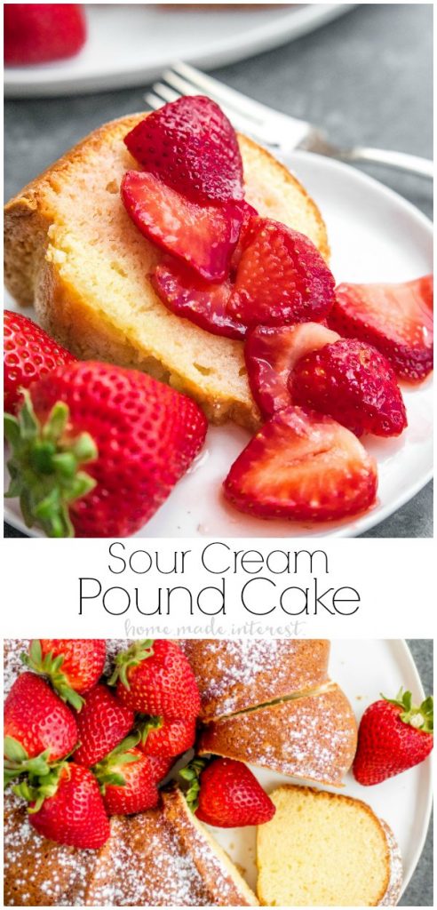 This sweet, buttery Sour Cream Pound Cake is and easy cake recipe made with simple ingredients. Serve it with fresh fruit as a simple summer dessert. This beautiful pound cake recipe is an easy dessert that can be served with fresh fruit or plain. #summerdessert #poundcake #cake #dessert