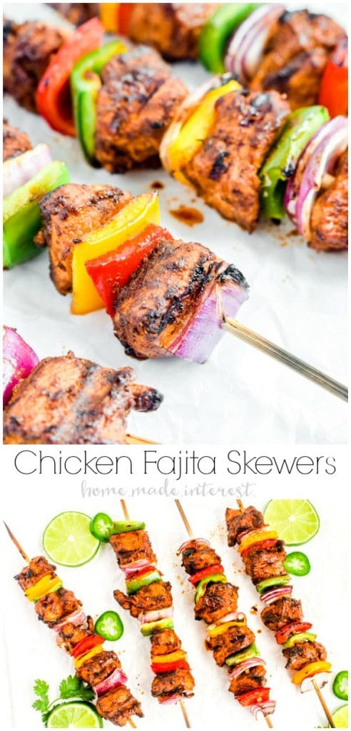 These easy Grilled Chicken Fajita Skewers are cubes of fresh chicken and vegetables dusted in fajita seasoning and grilled on skewers. This easy grilled chicken fajitas recipe is a healthy dinner idea for the family. Serve them with a tortilla and enjoy!