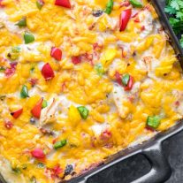 king ranch chicken casserole topped with cheese