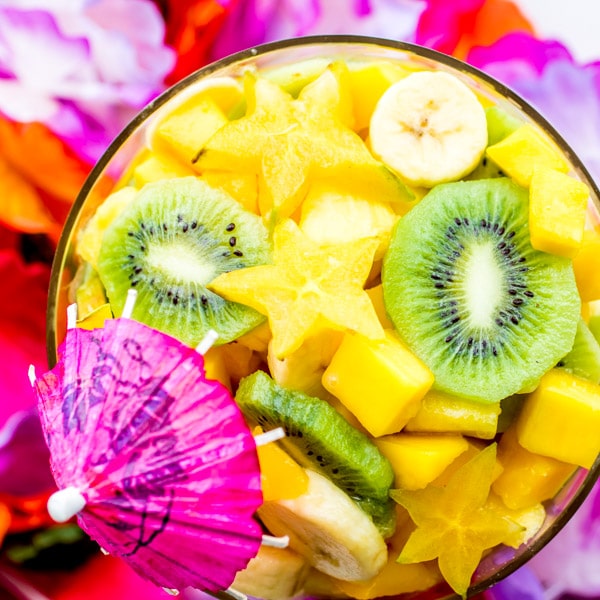 Pina Colada Tropical Fruit Salad with star fruit, mango, banana, pineapple, and kiwi