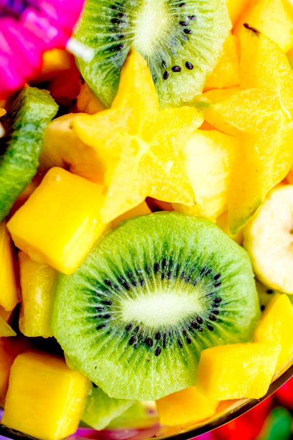 Close-up of fruits in a pina colada tropical fruit salad 