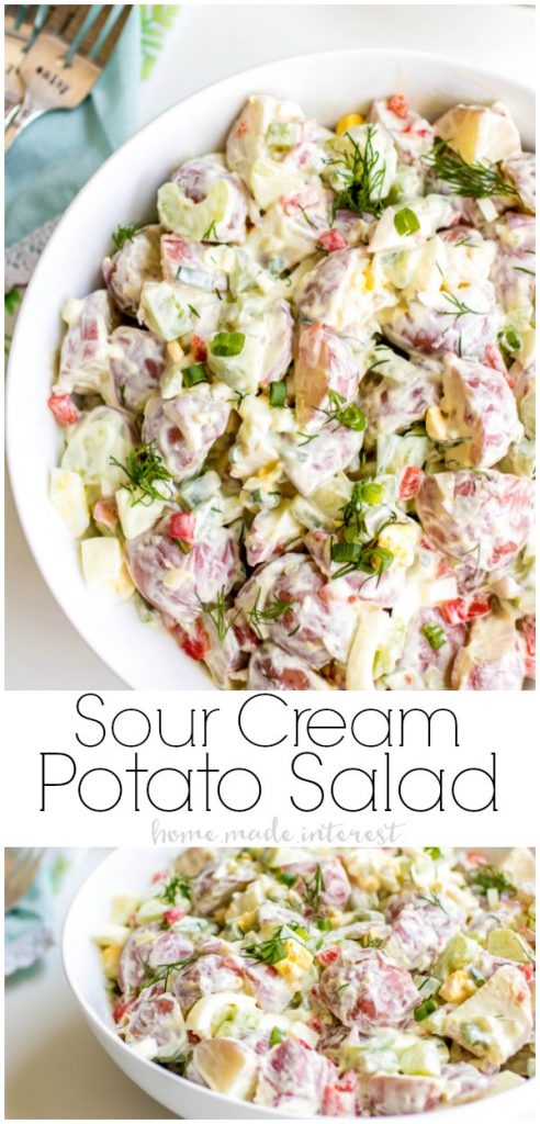 Creamy, crunchy, Sour Cream Potato Salad will add a little flavor to all of your summer potlucks! This easy red potato salad is the perfect side dish for picnics and BBQs. It also makes an amazing Easter side dish! Add this easy potato salad to your Easter dinner menu to serve with ham! #easter #potatosalad #easterdinner #easterbrunch #potluck #summerbbq