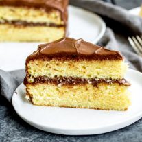 yellow butter cake slice frosted with chocolate