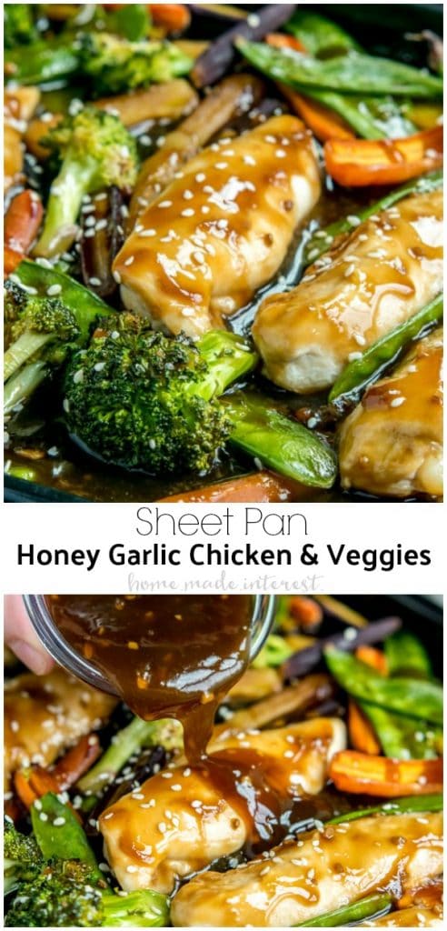 This easy Sheet Pan Honey Garlic Chicken with Veggies has the flavors of a stir fry. It's a one pan honey garlic chicken with a sweet, tangy, marinade. Baked in the oven for 15 minutes, this is a quick and easy dinner recipe for families. #chicken #chickenrecipes #honeygarlicchicken #sheetpandinners #homemadeinterest