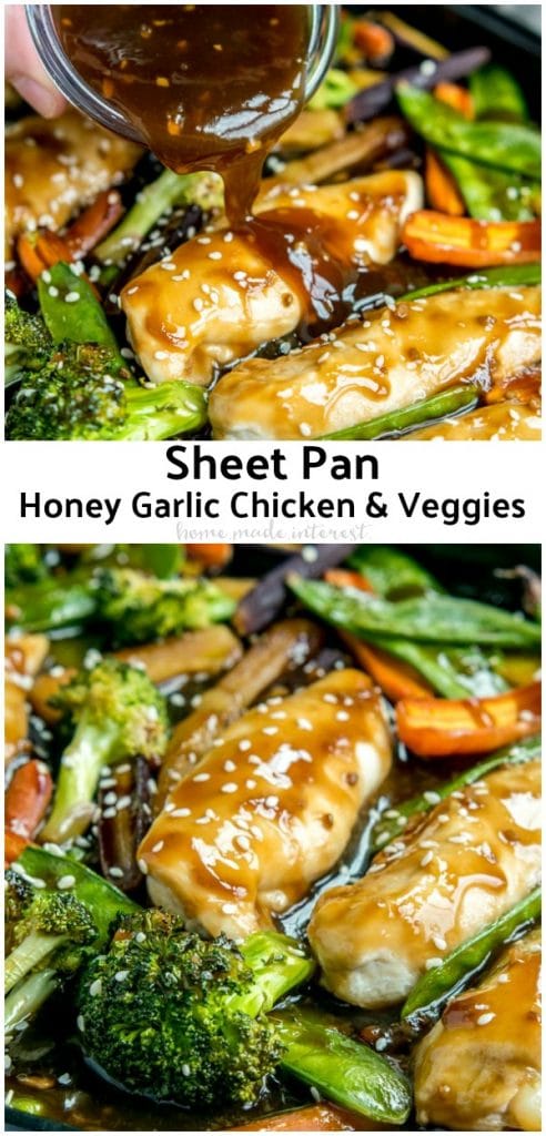 This easy Sheet Pan Honey Garlic Chicken with Veggies has the flavors of a stir fry. It's a one pan honey garlic chicken with a sweet, tangy, marinade. Baked in the oven for 15 minutes, this is a quick and easy dinner recipe for families. #chicken #chickenrecipes #honeygarlicchicken #sheetpandinners #homemadeinterest