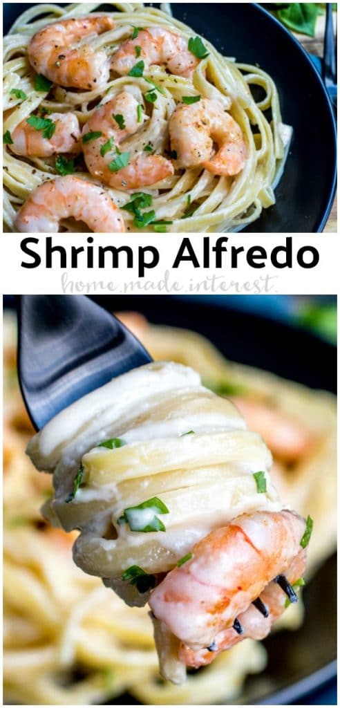 This easy recipe for Shrimp Alfredo Pasta makes a great meal. Creamy homemade Alfredo sauce with garlic, and shrimp, tossed with fettuccine pasta. This is the BEST homemade shrimp Alfredo. #shrimp #pasta #sauce #alfredo #homemadeinterest
